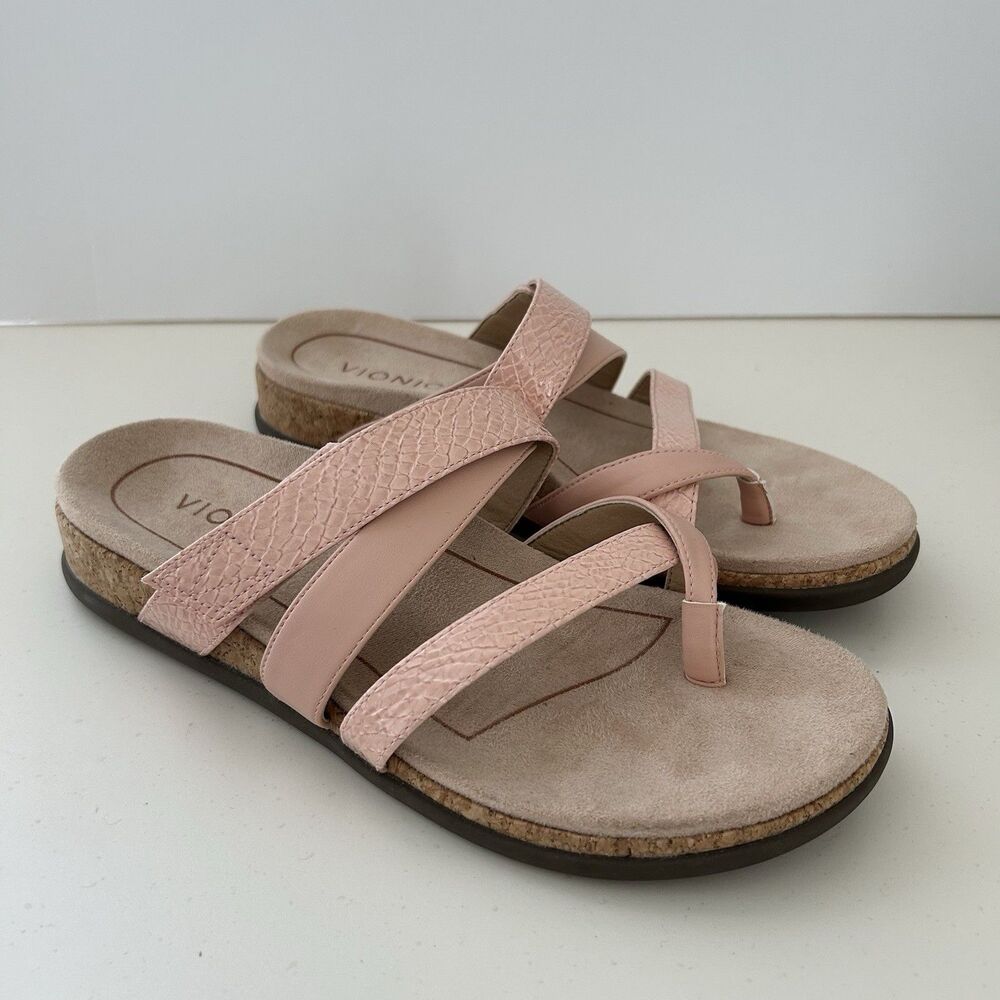 Vionic Anelle Womens Sz US 7.5 Pink Patent Lizard Print Slide On Sandals Comfort